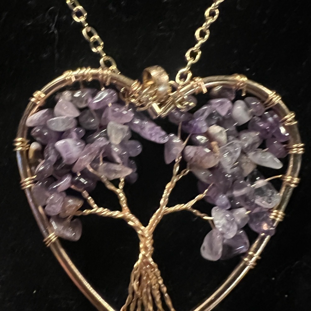 Gold Heart Tree of Life Necklace with Purple Stone Chips